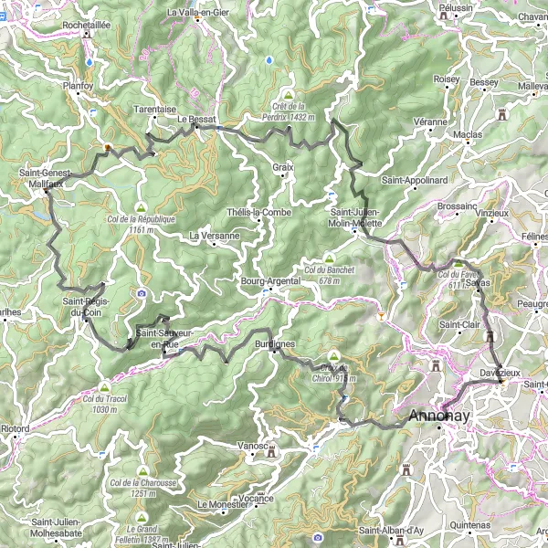 Kartminiatyr av "Sykling til Col du Fayet fra Davézieux" sykkelinspirasjon i Rhône-Alpes, France. Generert av Tarmacs.app sykkelrutoplanlegger