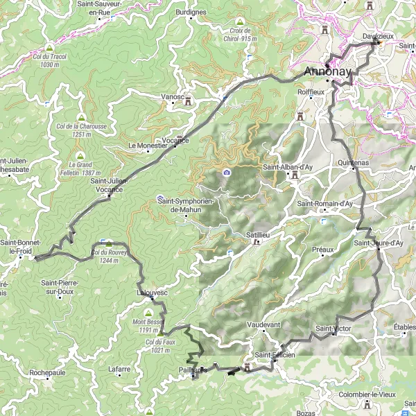 Kartminiatyr av "Landevei eventyr nær Davézieux" sykkelinspirasjon i Rhône-Alpes, France. Generert av Tarmacs.app sykkelrutoplanlegger
