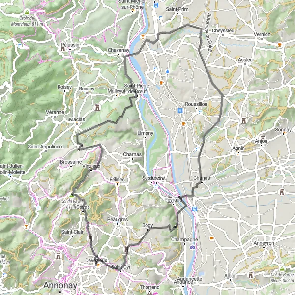 Map miniature of "Road Cycling Tour to Vinzieux" cycling inspiration in Rhône-Alpes, France. Generated by Tarmacs.app cycling route planner