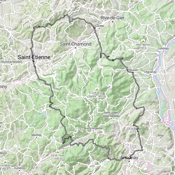 Map miniature of "Rhône-Alpes Explorer" cycling inspiration in Rhône-Alpes, France. Generated by Tarmacs.app cycling route planner