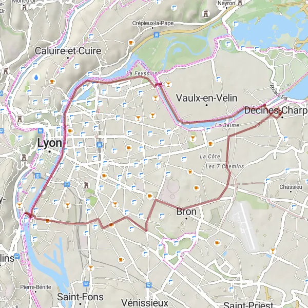 Mapa miniatúra "Zaujímavý gravelový okruh v okolí Lyonu" cyklistická inšpirácia v Rhône-Alpes, France. Vygenerované cyklistickým plánovačom trás Tarmacs.app