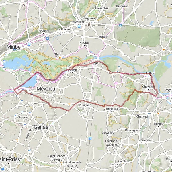 Miniaturní mapa "Gravel Route near Décines-Charpieu" inspirace pro cyklisty v oblasti Rhône-Alpes, France. Vytvořeno pomocí plánovače tras Tarmacs.app
