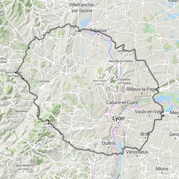 Miniatura della mappa di ispirazione al ciclismo "Giro in bicicletta da Décines-Charpieu" nella regione di Rhône-Alpes, France. Generata da Tarmacs.app, pianificatore di rotte ciclistiche