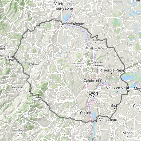 Miniatua del mapa de inspiración ciclista "Ascenso desafiante a través de Rhône-Alpes" en Rhône-Alpes, France. Generado por Tarmacs.app planificador de rutas ciclistas