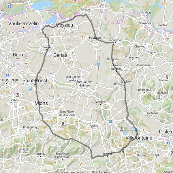 Kartminiatyr av "La Jetée til Chassieu Road Cycling" sykkelinspirasjon i Rhône-Alpes, France. Generert av Tarmacs.app sykkelrutoplanlegger