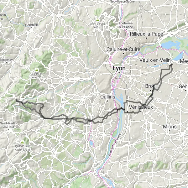 Karttaminiaatyyri "Haastava Maantiekiertue Décines-Charpieusta" pyöräilyinspiraatiosta alueella Rhône-Alpes, France. Luotu Tarmacs.app pyöräilyreittisuunnittelijalla