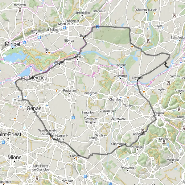 Miniaturní mapa "Road Trasa Krásným Krajem" inspirace pro cyklisty v oblasti Rhône-Alpes, France. Vytvořeno pomocí plánovače tras Tarmacs.app