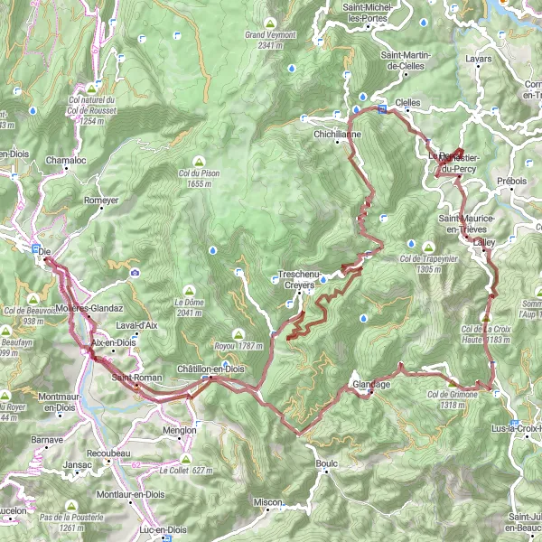 Miniature de la carte de l'inspiration cycliste "Défi gravel à travers Trièves" dans la Rhône-Alpes, France. Générée par le planificateur d'itinéraire cycliste Tarmacs.app