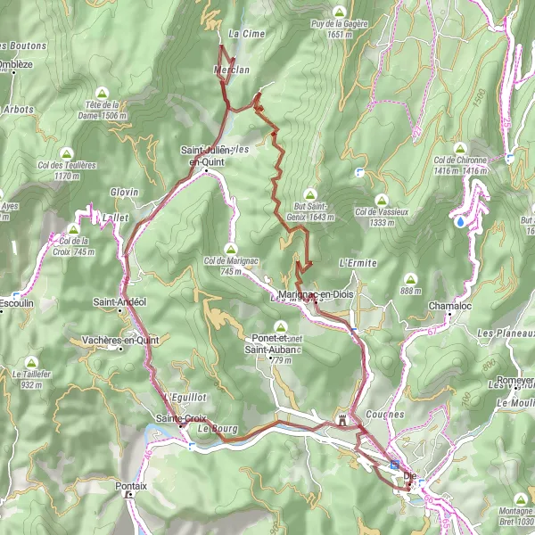 Miniature de la carte de l'inspiration cycliste "Petite escapade gravel près de Die" dans la Rhône-Alpes, France. Générée par le planificateur d'itinéraire cycliste Tarmacs.app