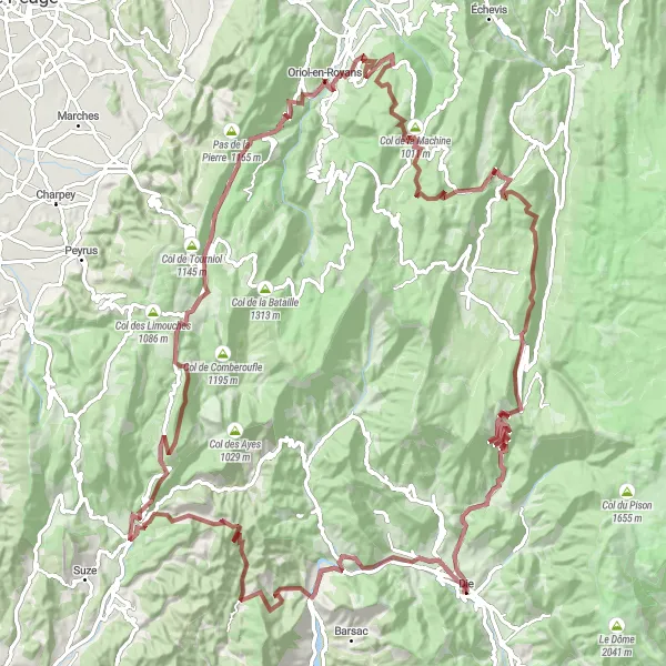 Miniature de la carte de l'inspiration cycliste "Le défi des cols près de Die" dans la Rhône-Alpes, France. Générée par le planificateur d'itinéraire cycliste Tarmacs.app