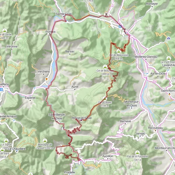 Miniature de la carte de l'inspiration cycliste "Aventure gravel autour de Die" dans la Rhône-Alpes, France. Générée par le planificateur d'itinéraire cycliste Tarmacs.app
