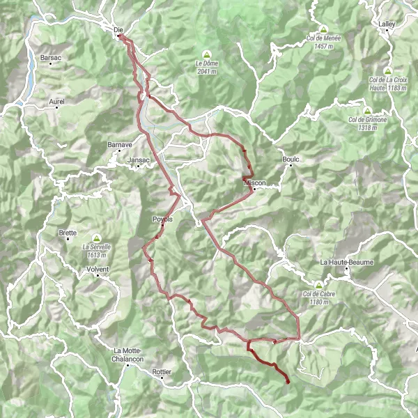 Miniature de la carte de l'inspiration cycliste "Aventure gravel à travers Diois" dans la Rhône-Alpes, France. Générée par le planificateur d'itinéraire cycliste Tarmacs.app