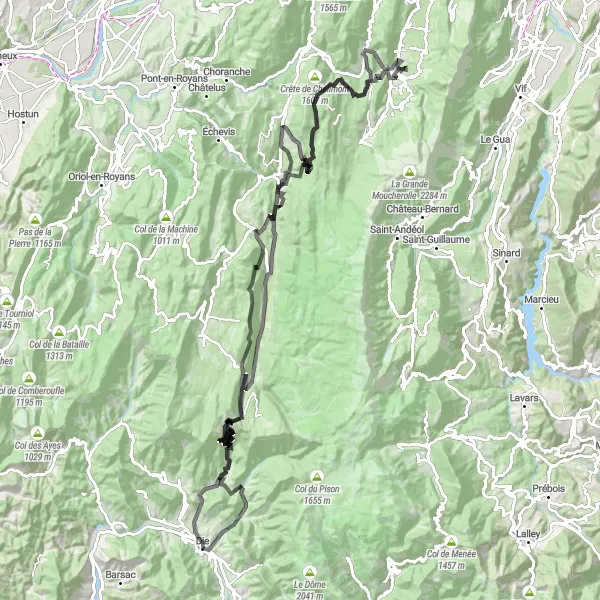 Miniature de la carte de l'inspiration cycliste "Exploration des montagnes du Vercors en vélo" dans la Rhône-Alpes, France. Générée par le planificateur d'itinéraire cycliste Tarmacs.app