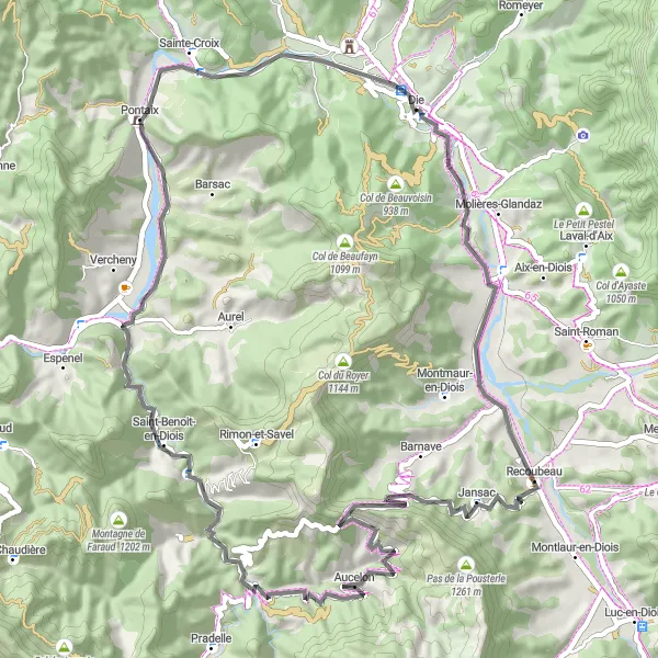 Miniature de la carte de l'inspiration cycliste "Boucle autour de Die via Recoubeau" dans la Rhône-Alpes, France. Générée par le planificateur d'itinéraire cycliste Tarmacs.app