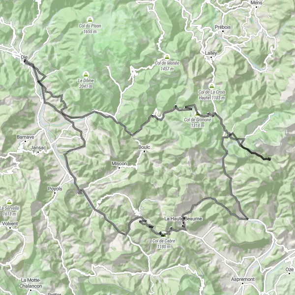 Miniature de la carte de l'inspiration cycliste "Les grands cols de la Drôme" dans la Rhône-Alpes, France. Générée par le planificateur d'itinéraire cycliste Tarmacs.app