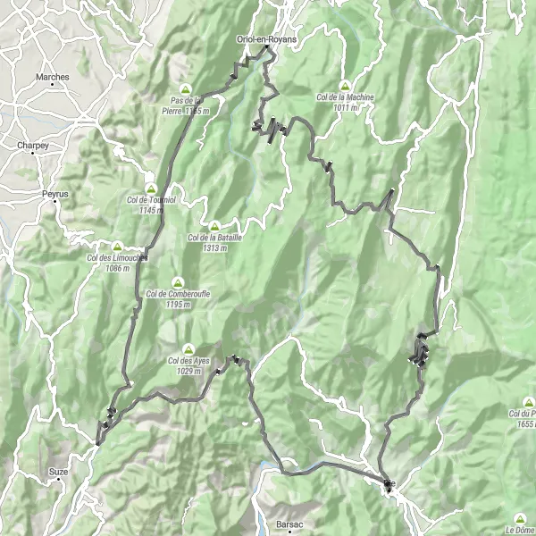 Miniature de la carte de l'inspiration cycliste "Défi cycliste vers Vercors" dans la Rhône-Alpes, France. Générée par le planificateur d'itinéraire cycliste Tarmacs.app