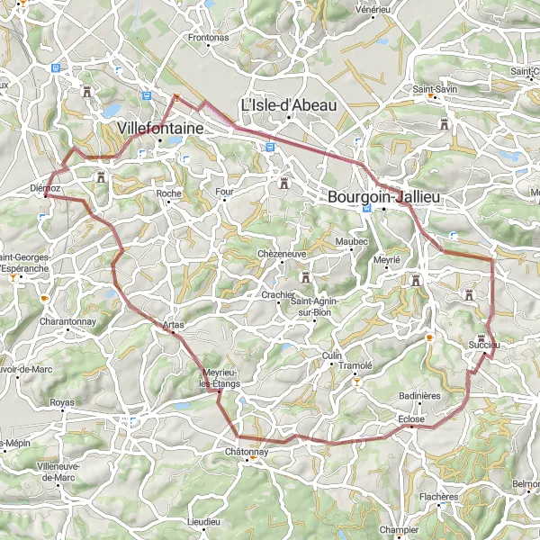 Zemljevid v pomanjšavi "Gravel pot do Bourgoin-Jallieu" kolesarske inspiracije v Rhône-Alpes, France. Generirano z načrtovalcem kolesarskih poti Tarmacs.app