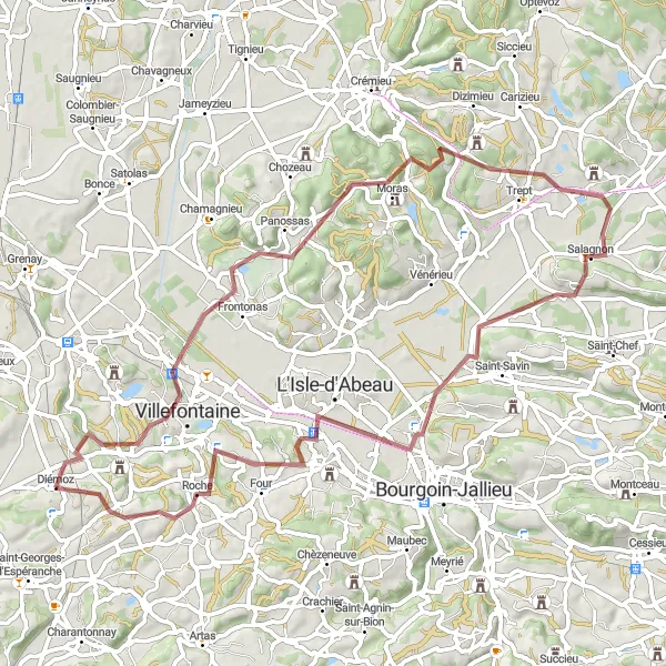 Map miniature of "Gravel Hills" cycling inspiration in Rhône-Alpes, France. Generated by Tarmacs.app cycling route planner