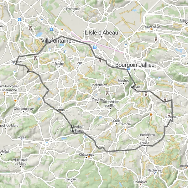 Miniatuurkaart van de fietsinspiratie "Diémoz - Villefontaine - Châteauvilain" in Rhône-Alpes, France. Gemaakt door de Tarmacs.app fietsrouteplanner