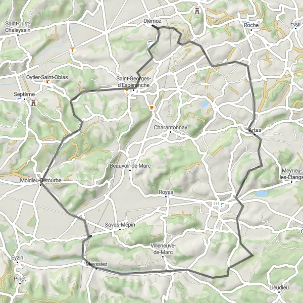 Miniatua del mapa de inspiración ciclista "Ruta de Ciclismo en Carretera cerca de Diémoz" en Rhône-Alpes, France. Generado por Tarmacs.app planificador de rutas ciclistas