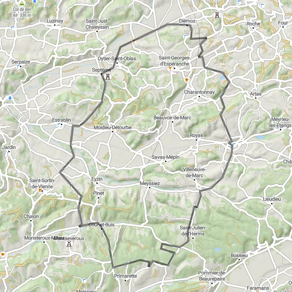 Map miniature of "Seven Village Loop" cycling inspiration in Rhône-Alpes, France. Generated by Tarmacs.app cycling route planner