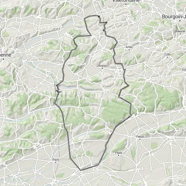 Map miniature of "Gravel and Hills" cycling inspiration in Rhône-Alpes, France. Generated by Tarmacs.app cycling route planner