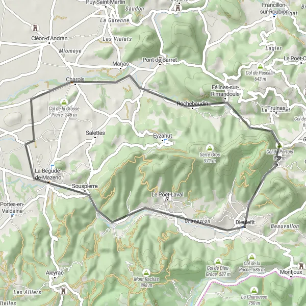 Map miniature of "Surrounding Beauty of Dieulefit" cycling inspiration in Rhône-Alpes, France. Generated by Tarmacs.app cycling route planner