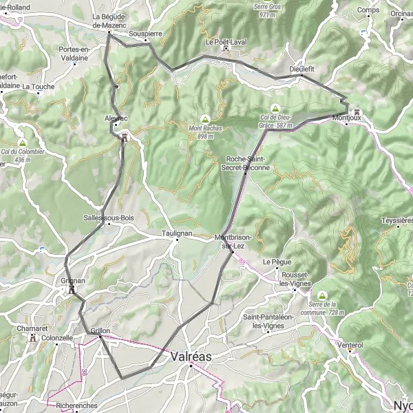 Miniatuurkaart van de fietsinspiratie "Wegrit La Charousse en Grillon" in Rhône-Alpes, France. Gemaakt door de Tarmacs.app fietsrouteplanner