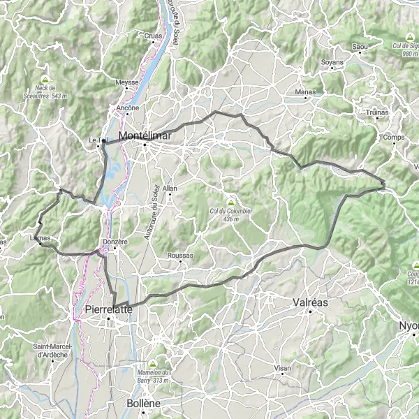 Map miniature of "Dieulefit to Le Poët-Laval Circuit" cycling inspiration in Rhône-Alpes, France. Generated by Tarmacs.app cycling route planner