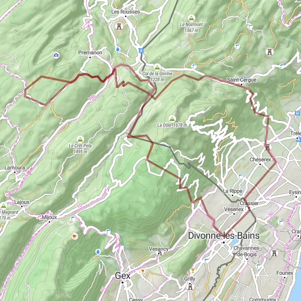 Miniatuurkaart van de fietsinspiratie "Gravelroute van Divonne-les-Bains naar Saint-Cergue" in Rhône-Alpes, France. Gemaakt door de Tarmacs.app fietsrouteplanner