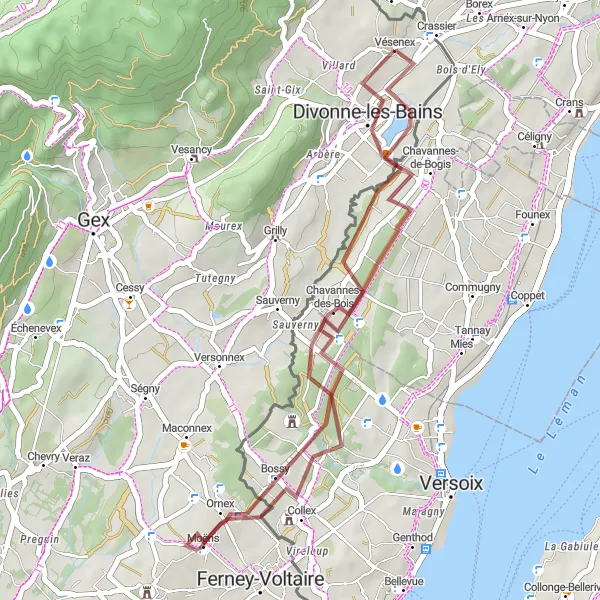 Miniatua del mapa de inspiración ciclista "Aventura de 36km en Gravel desde Divonne-les-Bains" en Rhône-Alpes, France. Generado por Tarmacs.app planificador de rutas ciclistas