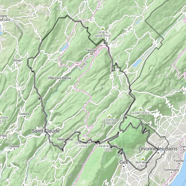 Miniaturní mapa "Trasa Road kolo 142 km od Divonne-les-Bains" inspirace pro cyklisty v oblasti Rhône-Alpes, France. Vytvořeno pomocí plánovače tras Tarmacs.app