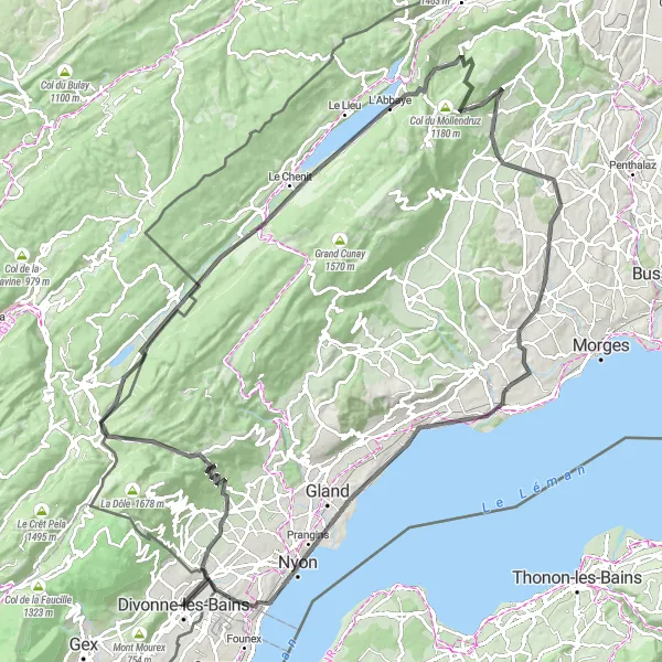 Miniatua del mapa de inspiración ciclista "Pintoresca ruta de 123 km por carretera desde Divonne-les-Bains" en Rhône-Alpes, France. Generado por Tarmacs.app planificador de rutas ciclistas