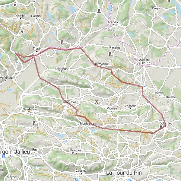 Miniaturní mapa "Gravel cyklostezka kolem Dolomieua" inspirace pro cyklisty v oblasti Rhône-Alpes, France. Vytvořeno pomocí plánovače tras Tarmacs.app