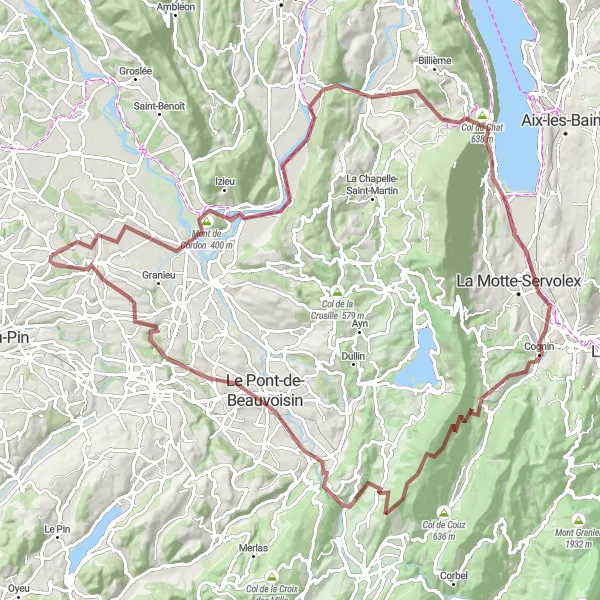 Zemljevid v pomanjšavi "Gravel kolesarska pustolovščina v bližini Dolomieua" kolesarske inspiracije v Rhône-Alpes, France. Generirano z načrtovalcem kolesarskih poti Tarmacs.app