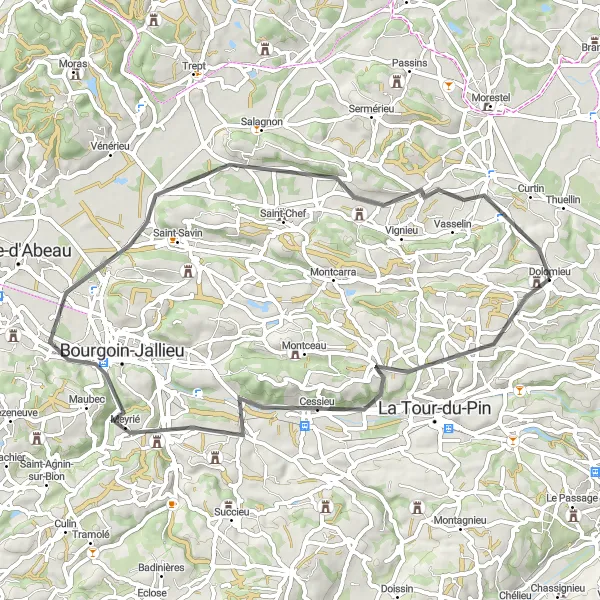 Map miniature of "Cessieu to Saint-Sorlin-de-Morestel Loop" cycling inspiration in Rhône-Alpes, France. Generated by Tarmacs.app cycling route planner