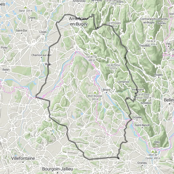 Zemljevid v pomanjšavi "Zahtevna kolesarska tura skozi griče in doline" kolesarske inspiracije v Rhône-Alpes, France. Generirano z načrtovalcem kolesarskih poti Tarmacs.app