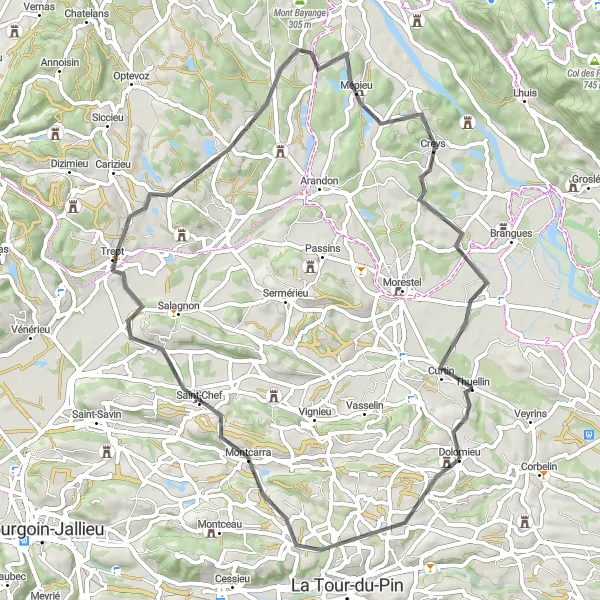 Miniaturní mapa "Cyklistická trasa kolem Dolomieu" inspirace pro cyklisty v oblasti Rhône-Alpes, France. Vytvořeno pomocí plánovače tras Tarmacs.app