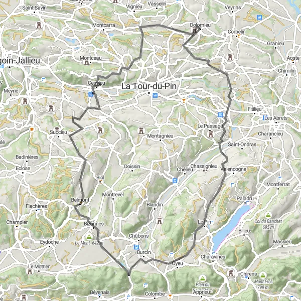 Miniatuurkaart van de fietsinspiratie "Avontuurlijke fietstocht van Dolomieu naar Champ Mars" in Rhône-Alpes, France. Gemaakt door de Tarmacs.app fietsrouteplanner