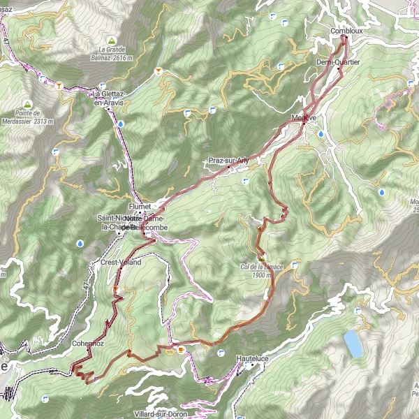 Miniatura della mappa di ispirazione al ciclismo "Esplorazione su sterrato tra boschi e valli" nella regione di Rhône-Alpes, France. Generata da Tarmacs.app, pianificatore di rotte ciclistiche