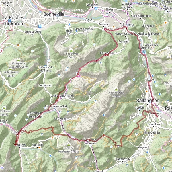 Zemljevid v pomanjšavi "Domancy do Sallanches Gravel Cycling Route" kolesarske inspiracije v Rhône-Alpes, France. Generirano z načrtovalcem kolesarskih poti Tarmacs.app