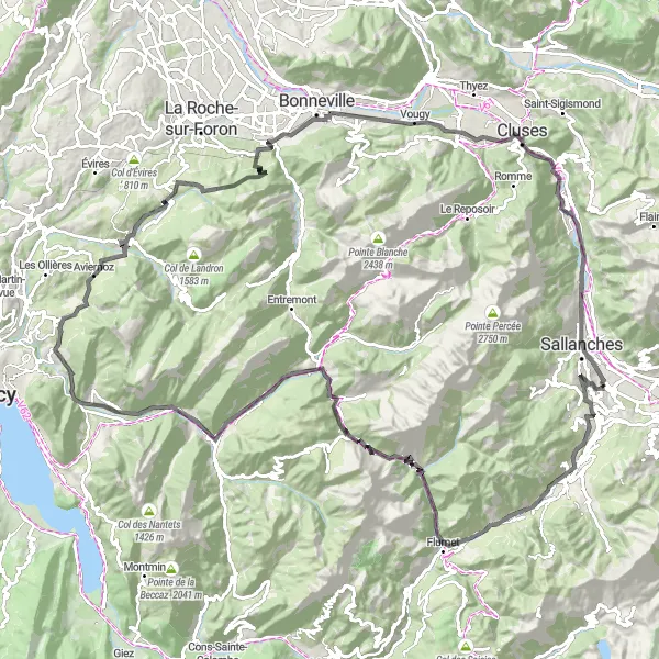 Zemljevid v pomanjšavi "Izziv Cestnega Kolesarjenja v Alpah" kolesarske inspiracije v Rhône-Alpes, France. Generirano z načrtovalcem kolesarskih poti Tarmacs.app