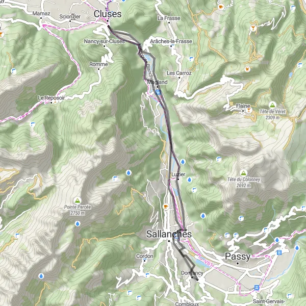 Kartminiatyr av "Domancy till Sallanches" cykelinspiration i Rhône-Alpes, France. Genererad av Tarmacs.app cykelruttplanerare