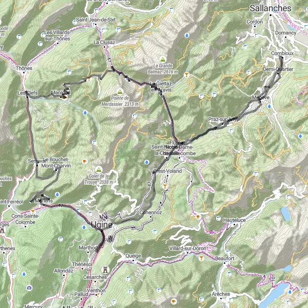 Kartminiatyr av "Domancy - Megève" cykelinspiration i Rhône-Alpes, France. Genererad av Tarmacs.app cykelruttplanerare