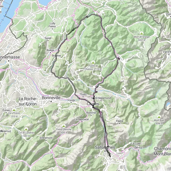 Karten-Miniaturansicht der Radinspiration "Cluses und Col des Gets Erkundung" in Rhône-Alpes, France. Erstellt vom Tarmacs.app-Routenplaner für Radtouren