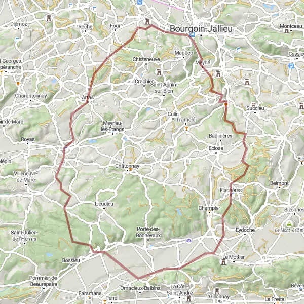 Miniature de la carte de l'inspiration cycliste "Les Chemins de Campagne" dans la Rhône-Alpes, France. Générée par le planificateur d'itinéraire cycliste Tarmacs.app