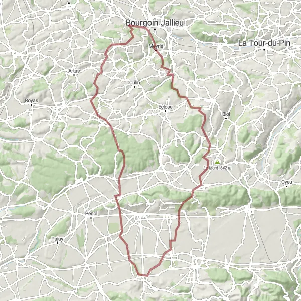 Miniature de la carte de l'inspiration cycliste "La Boucle des Châteaux et des Etangs" dans la Rhône-Alpes, France. Générée par le planificateur d'itinéraire cycliste Tarmacs.app