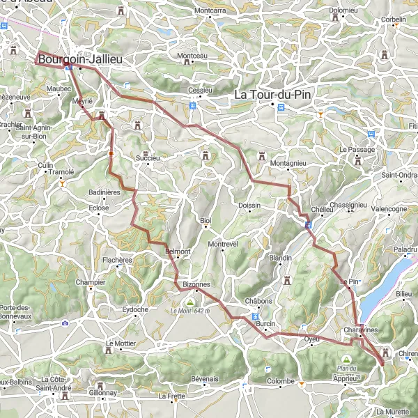 Map miniature of "Domarin to Saint-Victor-de-Cessieu Gravel Route" cycling inspiration in Rhône-Alpes, France. Generated by Tarmacs.app cycling route planner