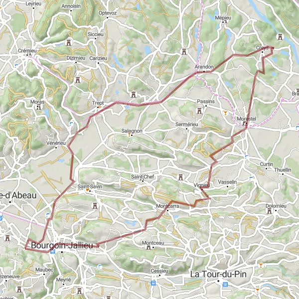 Map miniature of "Domarin to Morestel Gravel Route" cycling inspiration in Rhône-Alpes, France. Generated by Tarmacs.app cycling route planner