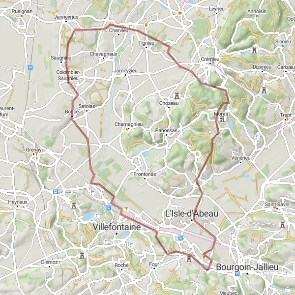 Miniatua del mapa de inspiración ciclista "Ruta de Grava La Verpillière - L'Isle-d'Abeau" en Rhône-Alpes, France. Generado por Tarmacs.app planificador de rutas ciclistas